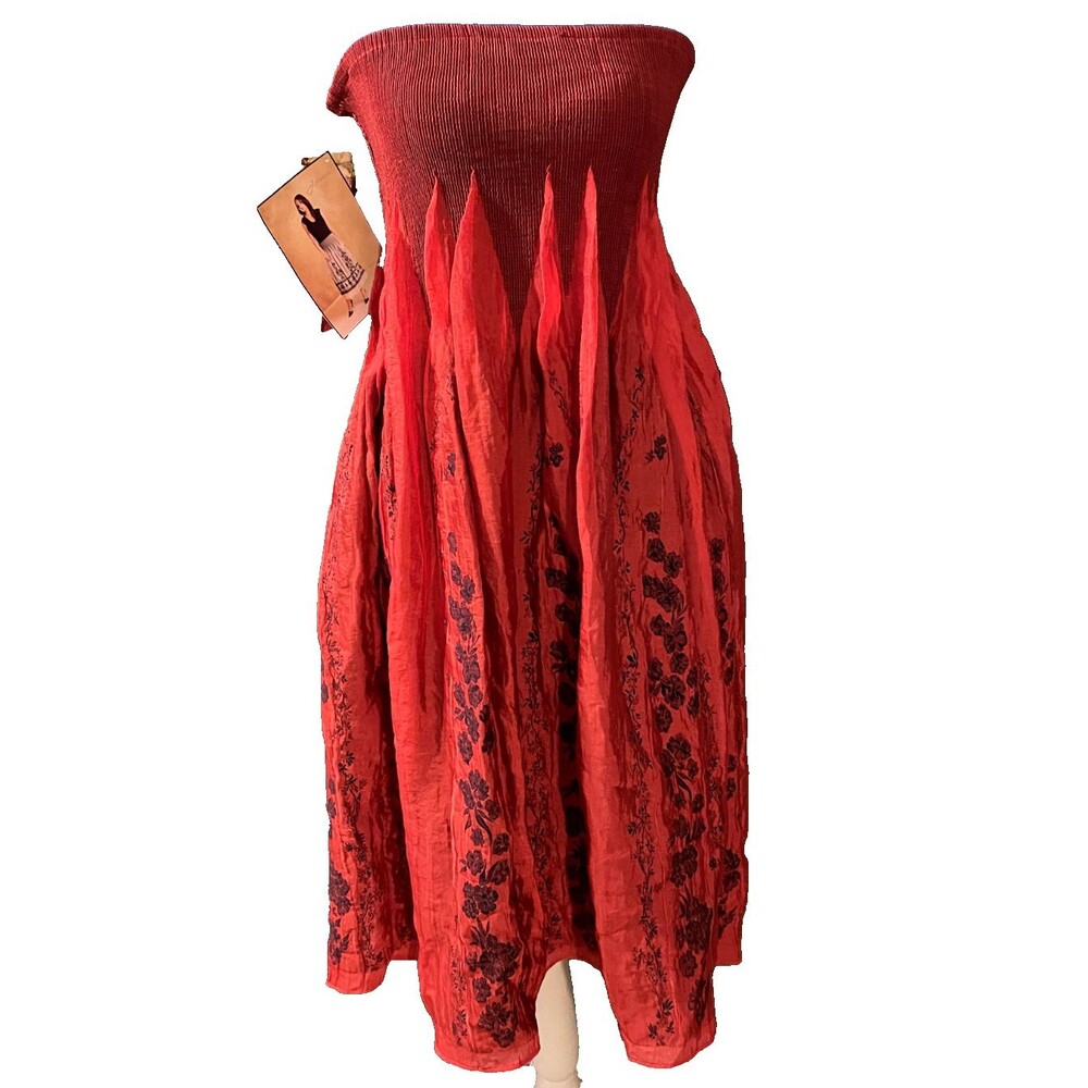 Vintage Lapis Plus Size Red Smocked Strapless Dress Skirt Floral Midi Boho NWT